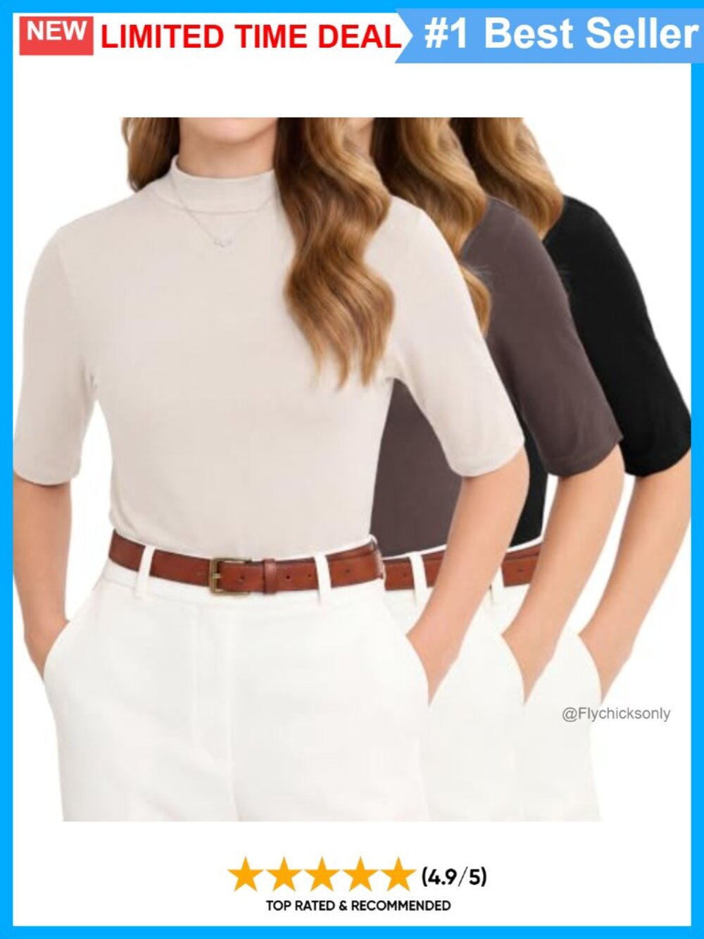 Mock Neck Half Sleeve Slim Fit Business Casual Work Top